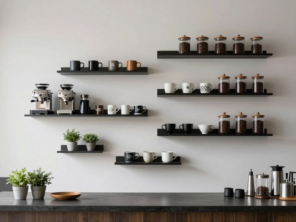 Staggered floating shelves forming asymmetric coffee display