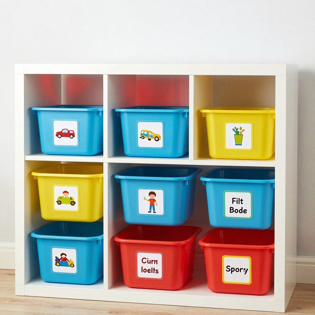 Storage system with color-coded bins and picture labels for kids
