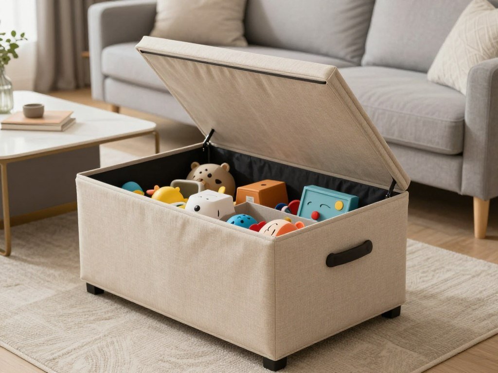 Stylish storage ottoman in modern living room with toys stored inside
