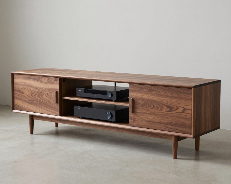 TV media console with storage cabinets and open shelving compartments