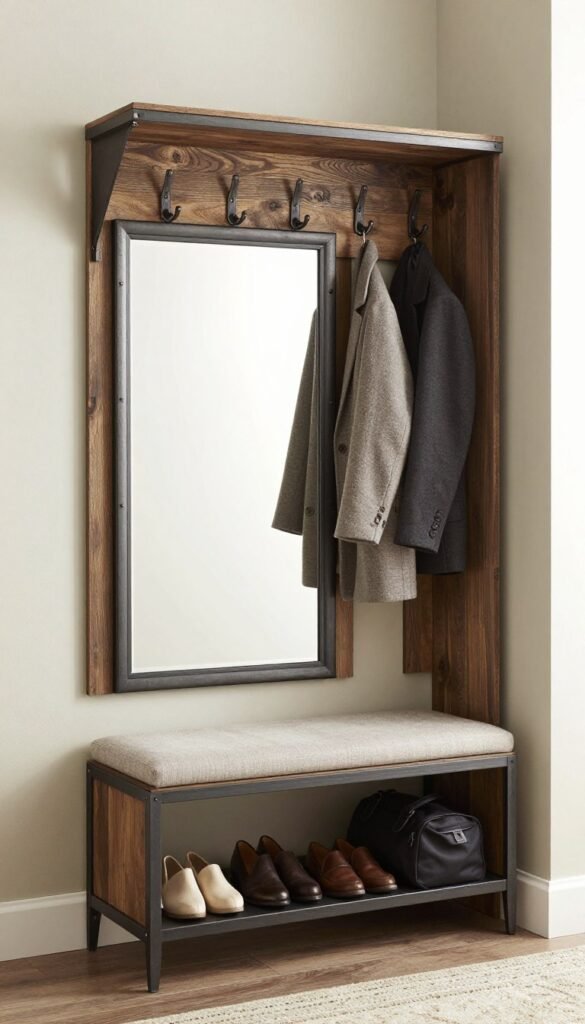 Tall hall tree with mirror, coat hooks, bench, and shoe storage in entryway