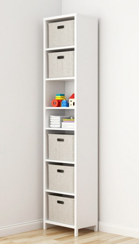 Tall narrow shelving unit in small space with organized toy storage baskets
