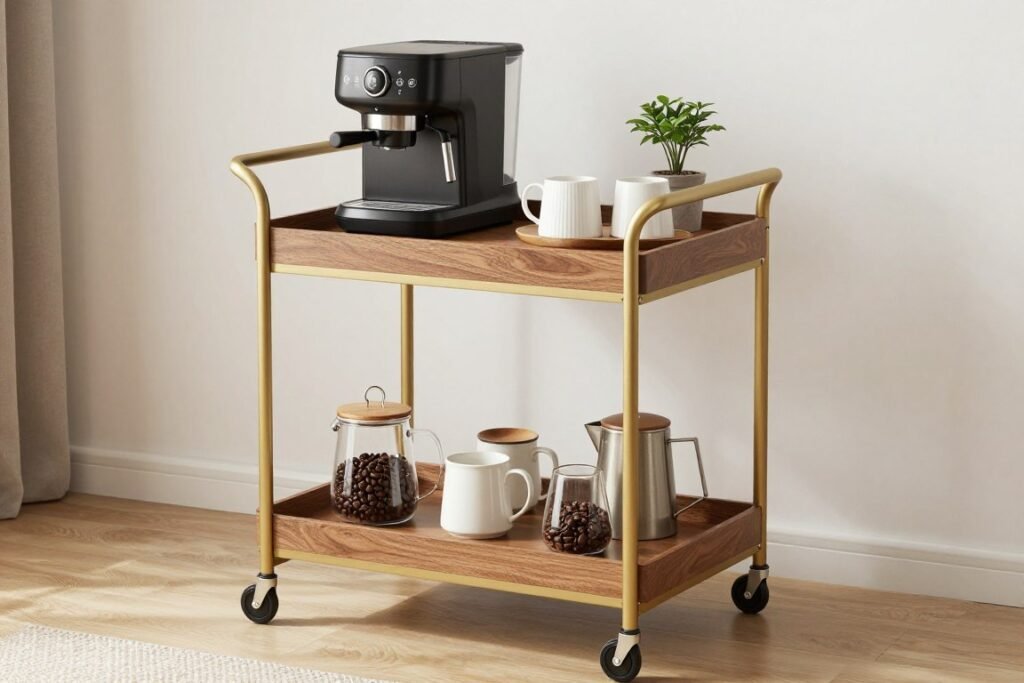 Three-tier rolling cart serving as mobile coffee bar