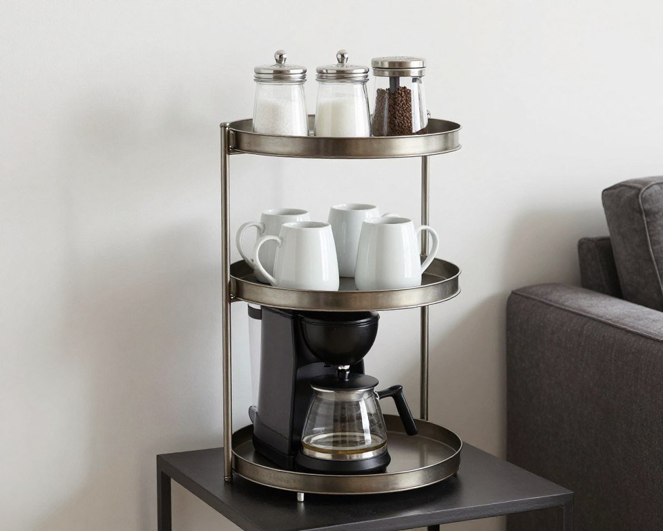 Tiered tray organizing coffee supplies