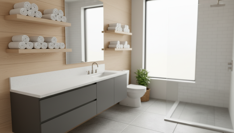 Towel Storage for Small Bathrooms featuring organized white towels on wooden shelves
