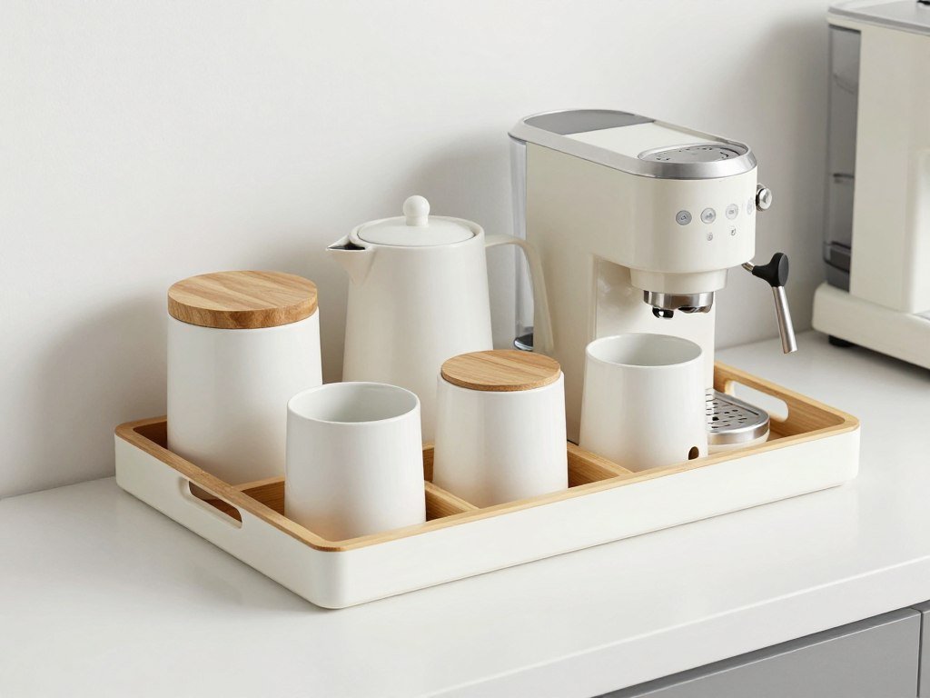 Tray-based coffee station on countertop