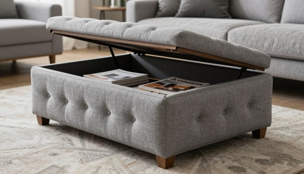 Tufted storage ottoman in gray fabric serving as coffee table in living room