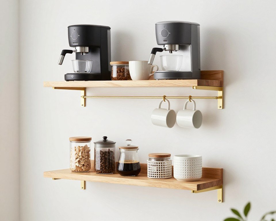 Two-tier floating shelf coffee bar with hooks underneath