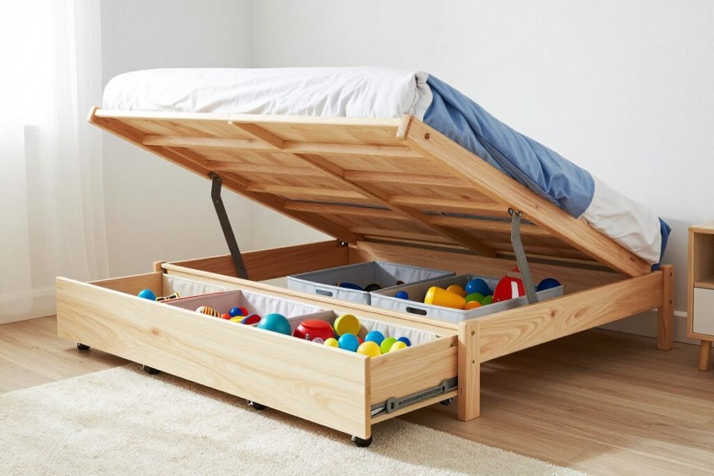 Under-bed storage drawers filled with organized toys and games