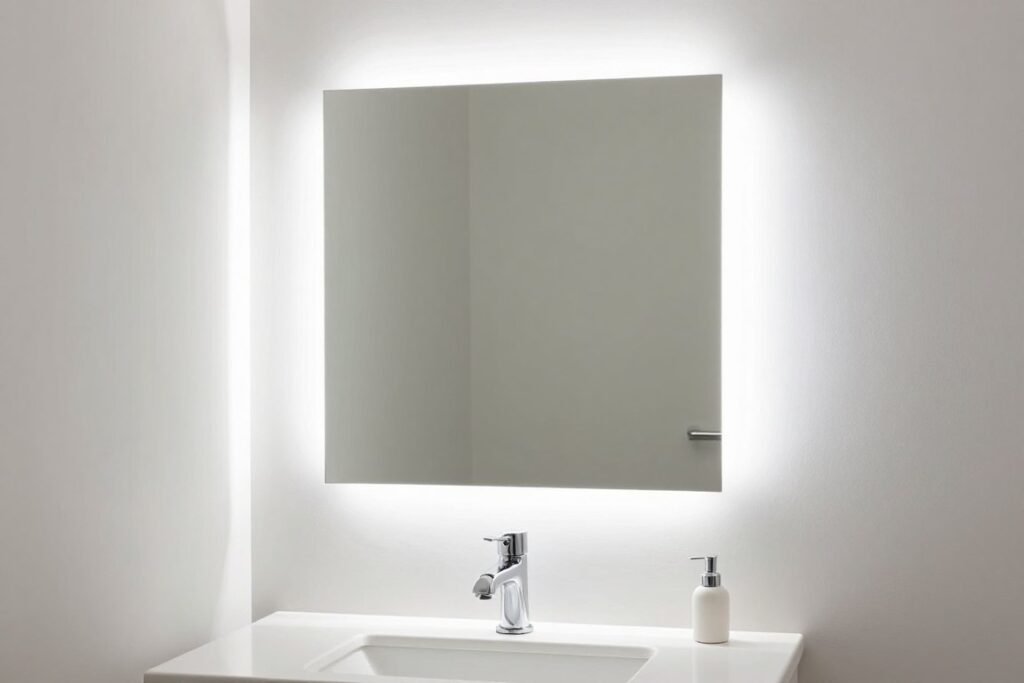 Vanity mirror with integrated LED lighting for small bathroom