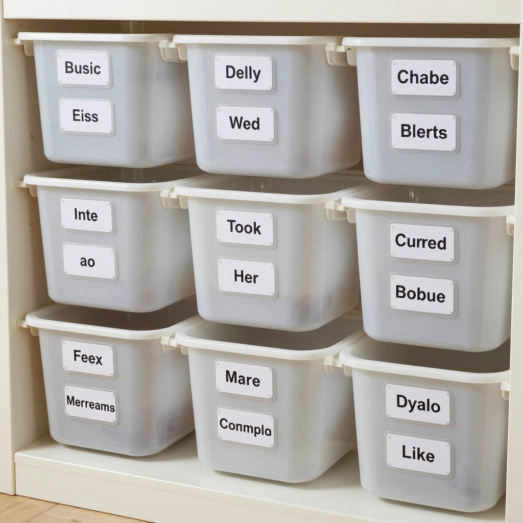 Various labeled storage containers with picture and word labels