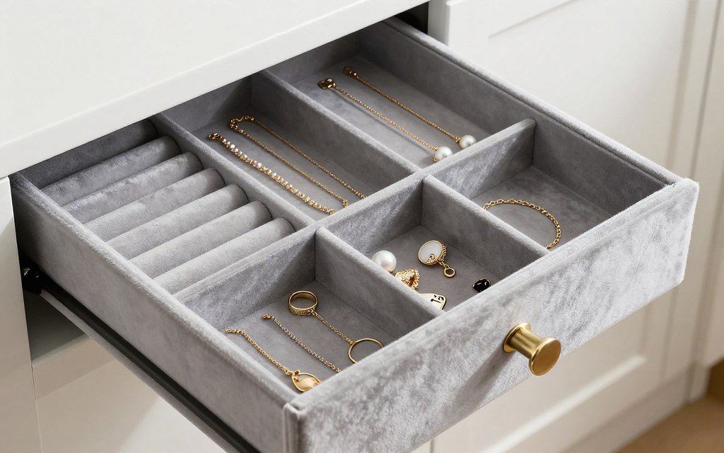 Velvet-lined jewelry drawer organizer with compartments for rings and necklaces
