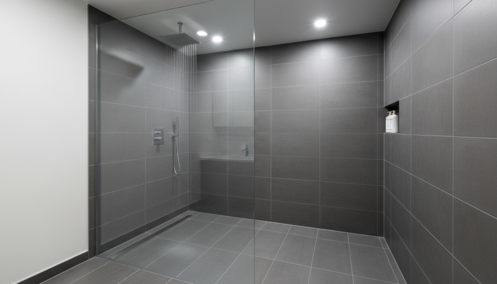 Walk-in shower with curbless entry and linear drain in small bathroom