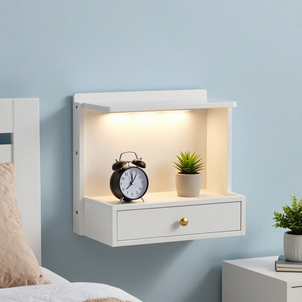 Wall-mounted bedside shelves with integrated reading light in compact bedroom