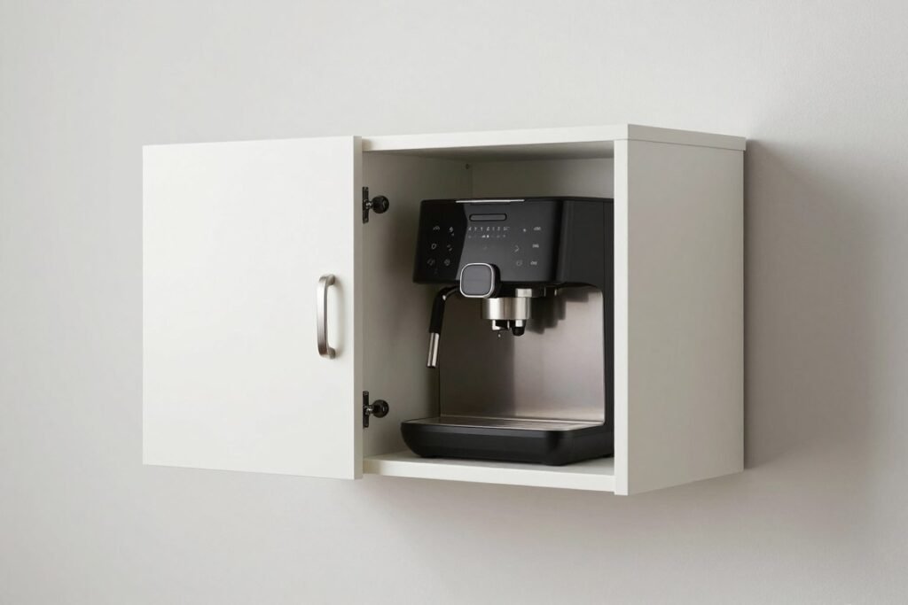 Wall-mounted cabinet coffee bar in small apartment