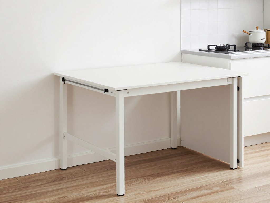 Wall-mounted fold-down dining table in compact apartment kitchen