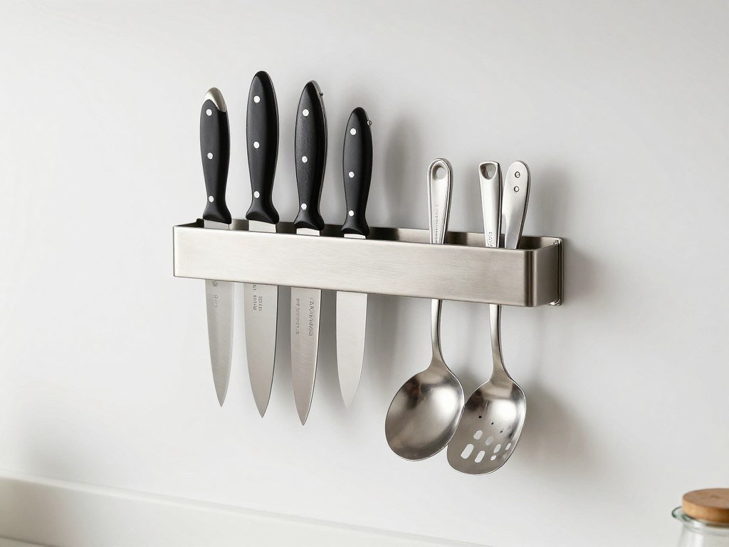 Wall-mounted magnetic knife strip with organized kitchen knives and utensils