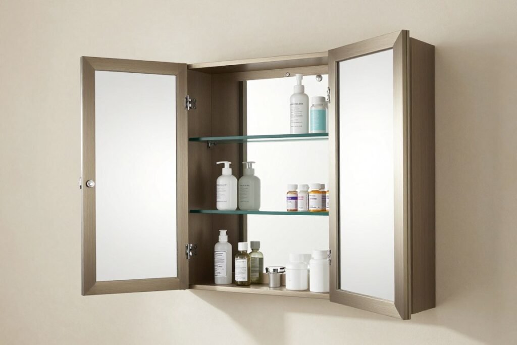 Wall-mounted medicine cabinet with mirror and interior shelving