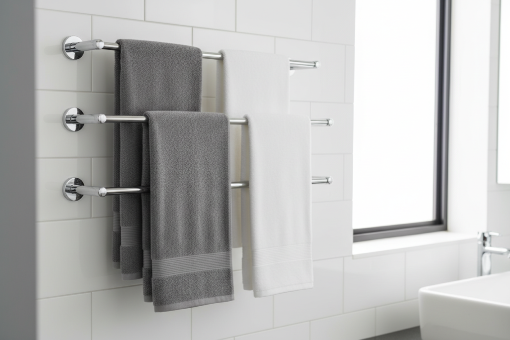 Wall-mounted multi-bar towel rack with organized bathroom towels