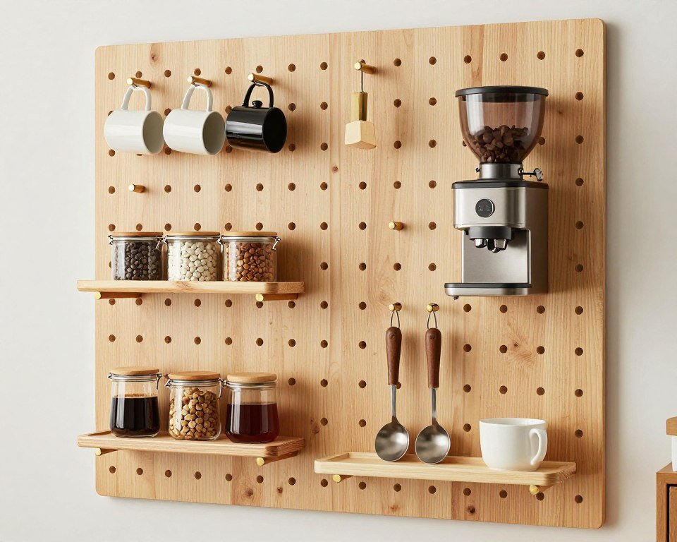 Wall-mounted pegboard coffee organization system