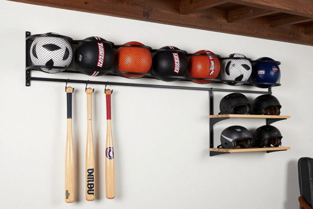 Wall-mounted sports equipment organizer with balls and gear stored neatly