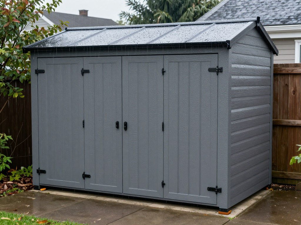 Weatherproof outdoor bin shed in rain