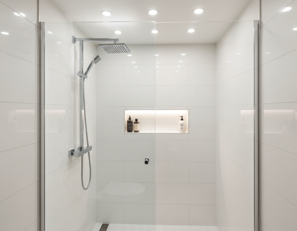 Well-lit small shower with recessed ceiling lights and accent lighting