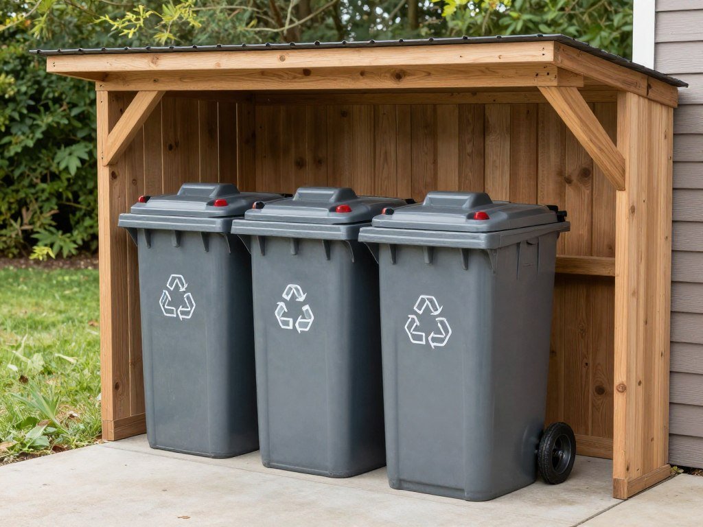 Wheeled recycling bins in outdoor storage