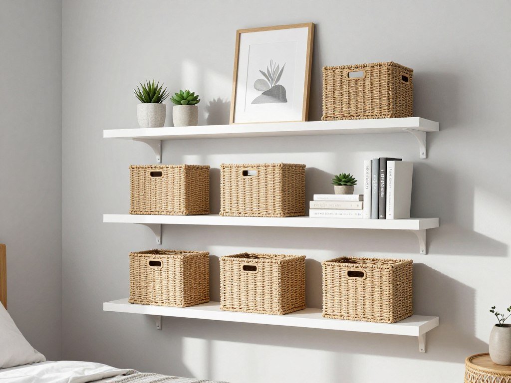 White floating shelves on bedroom wall displaying organized storage baskets and decor