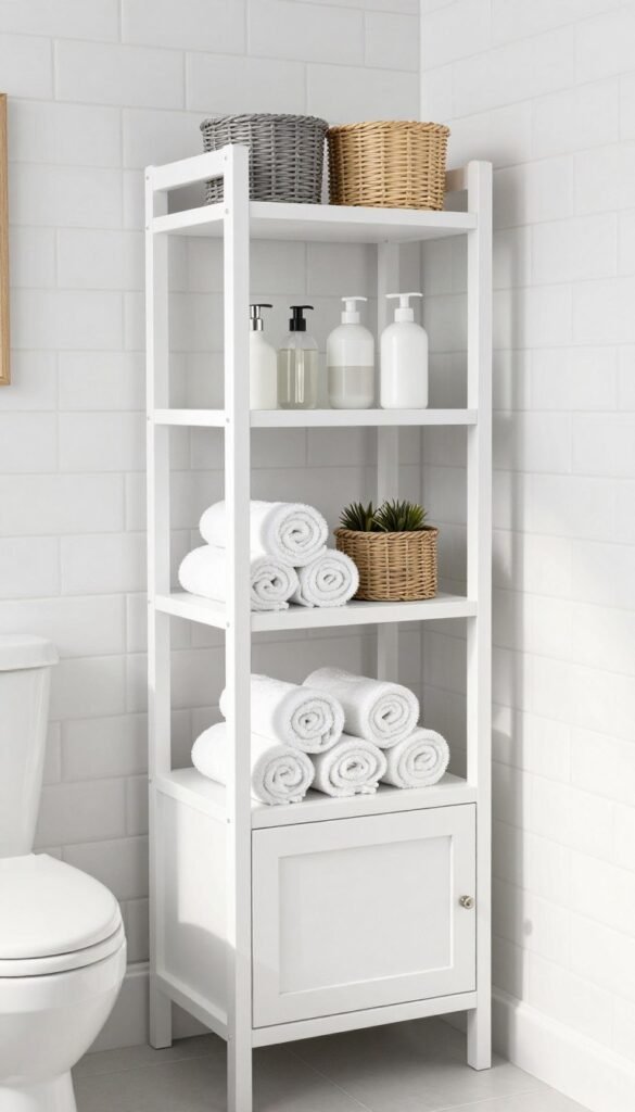 White over-the-toilet storage tower with shelves in modern bathroom