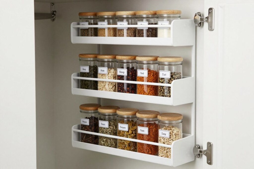 Wire spice rack mounted on inside of pantry door with organized jars
