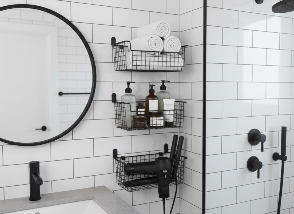 Wire storage baskets mounted on bathroom wall with organized items