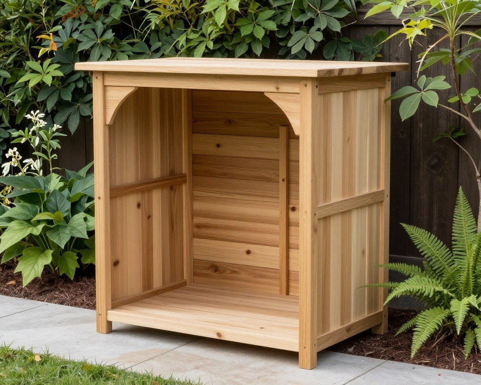 Wooden outdoor trash can storage in garden setting
