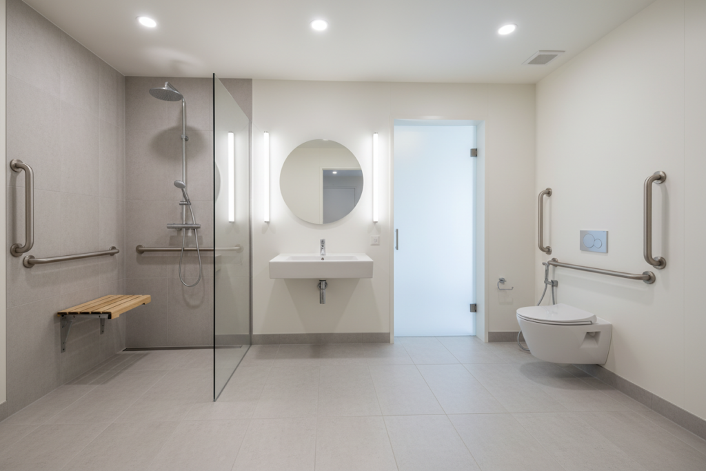 accessible bathroom layout with wheelchair clearance and grab bars