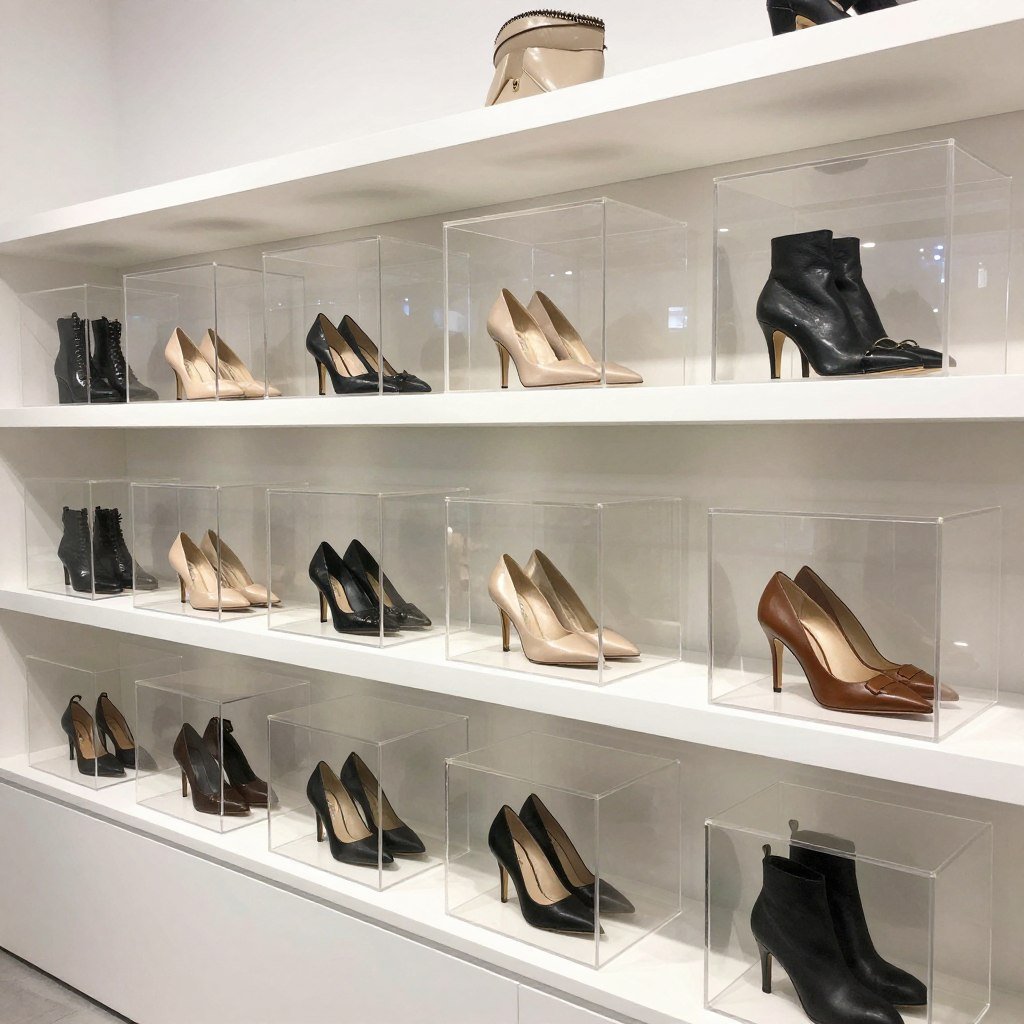 acrylic shoe display boxes on shelving unit