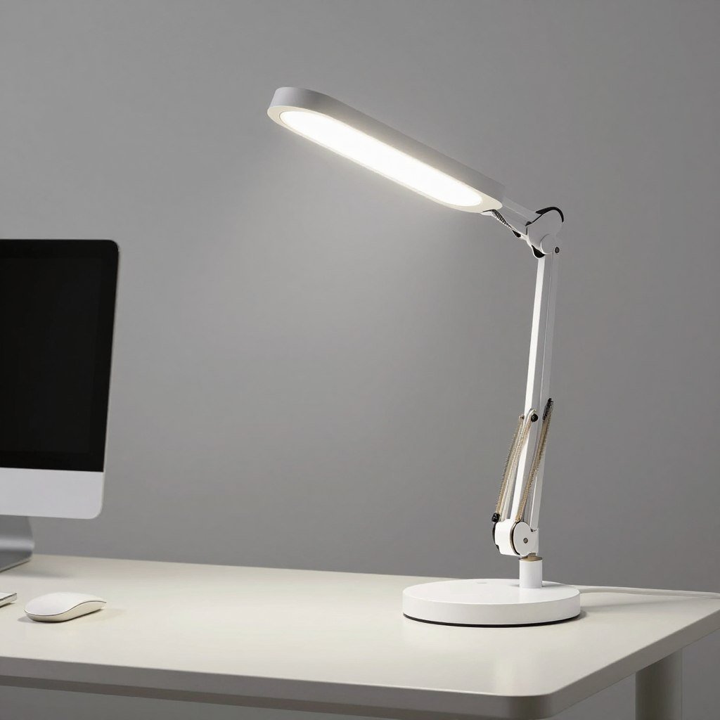 adjustable LED desk lamp on small workspace