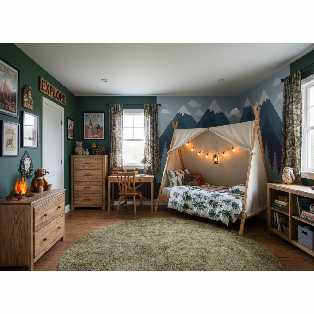 adventure themed boy bedroom with camping elements