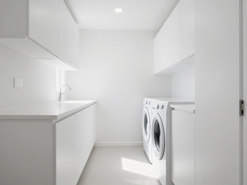 all white narrow laundry room