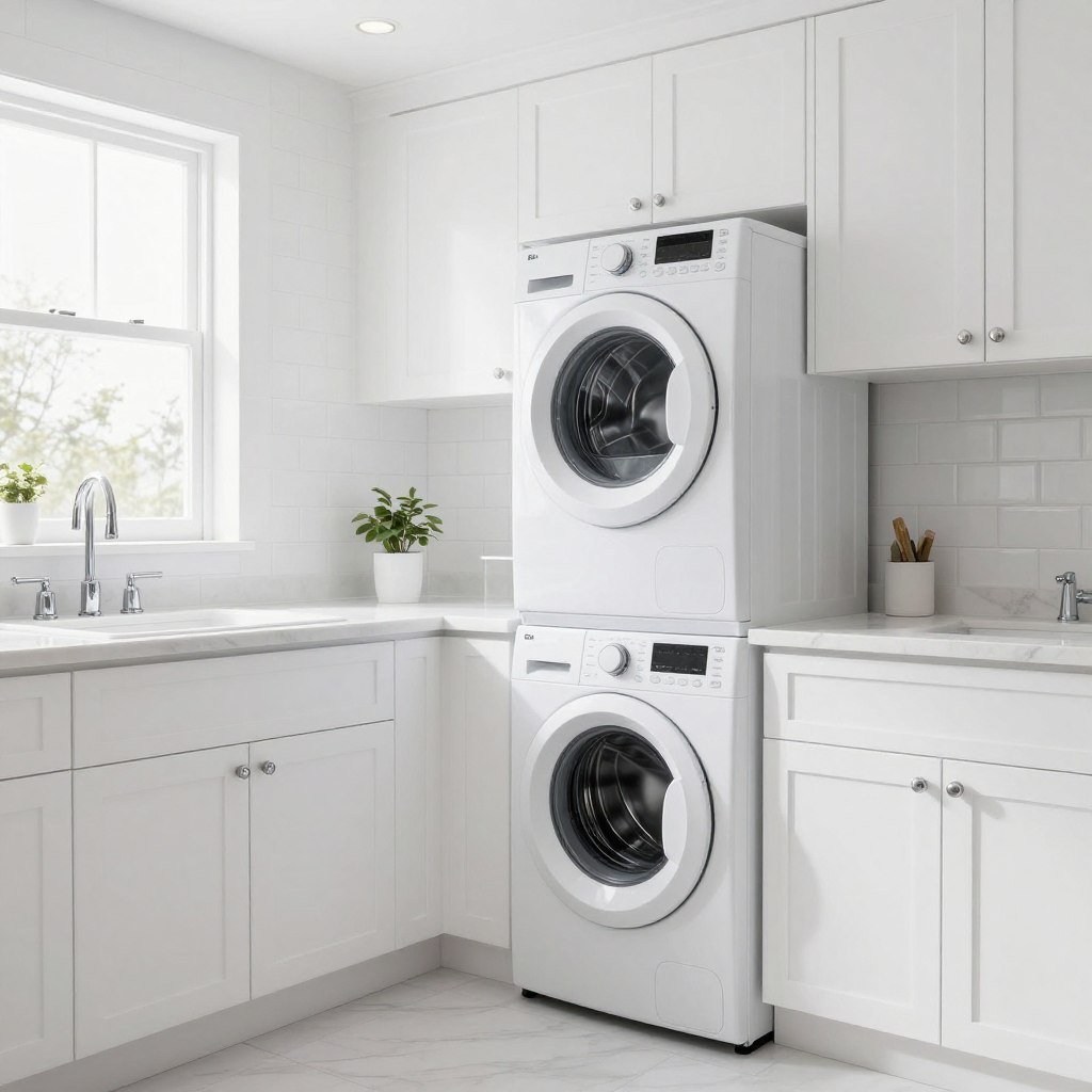 all white stackable washer dryer laundry room with marble countertop