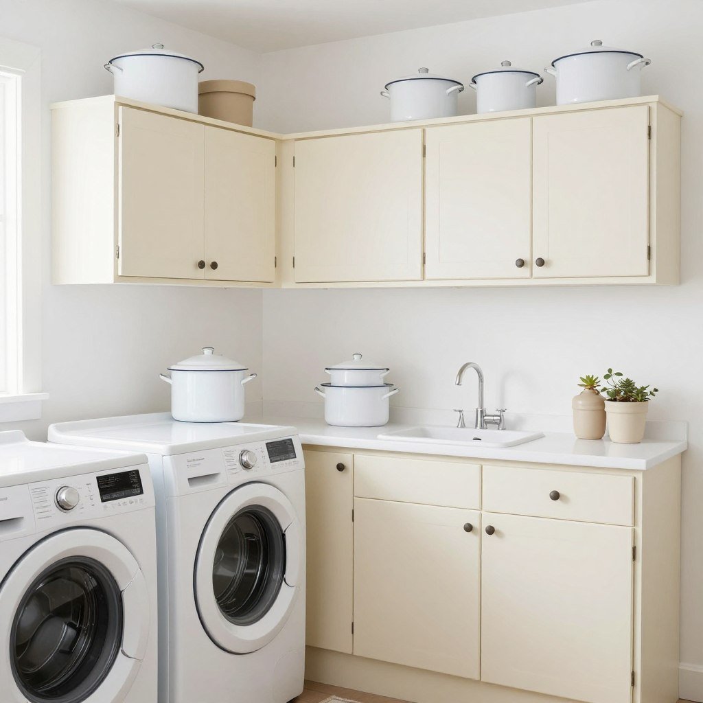all-white vintage laundry room with cream accents