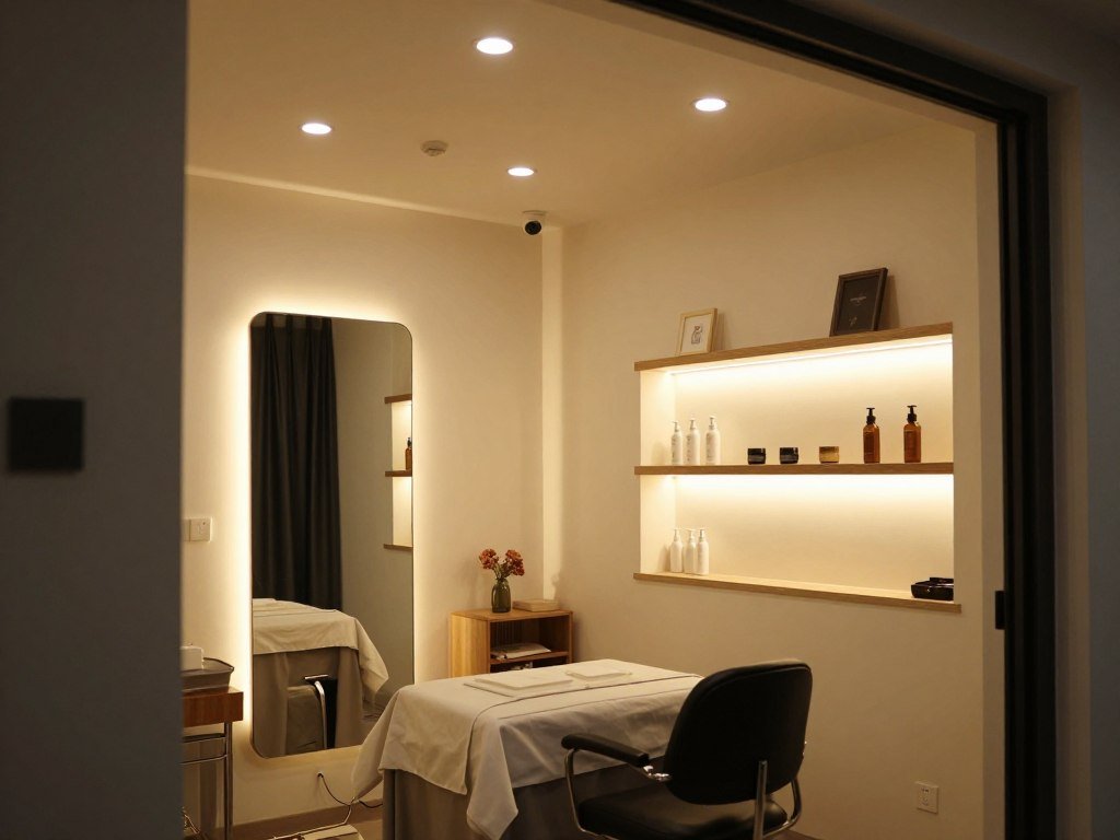ambient lighting in salon suite with LED strips and recessed lights