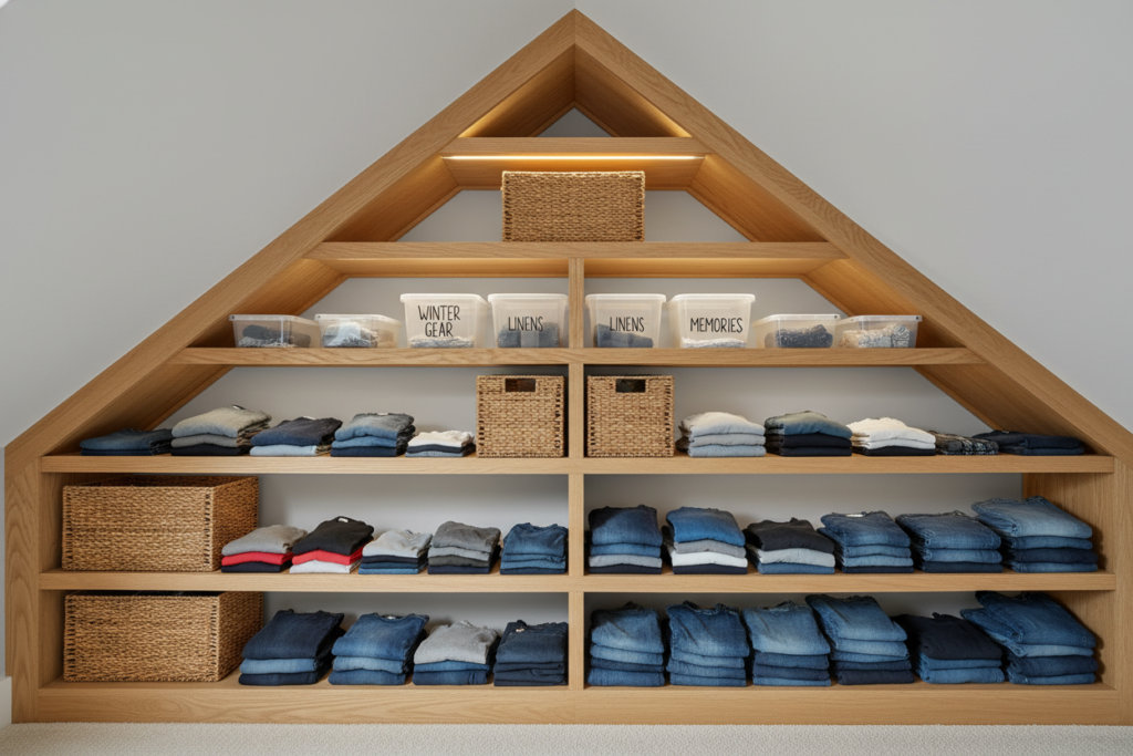 angled shelving system fitting under slanted closet ceiling