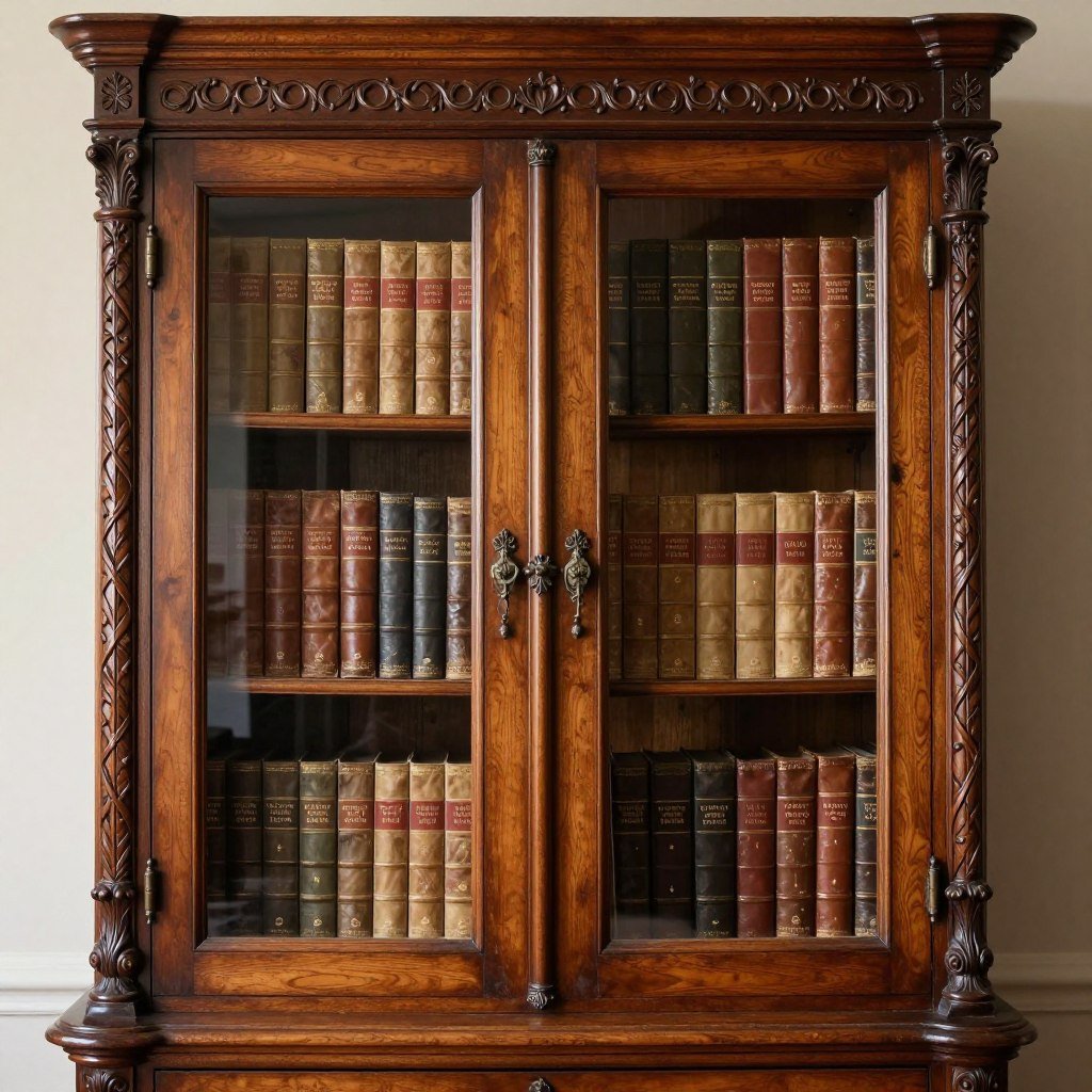 antique bookcase as statement furniture piece with vintage book collection display