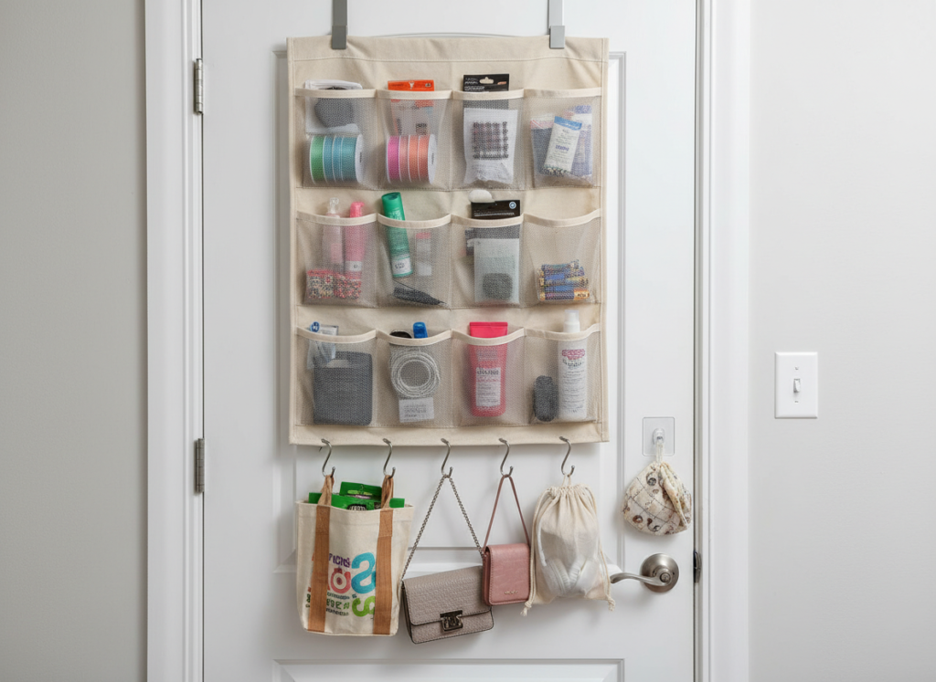 back of closet door with over-door organizer and storage solutions