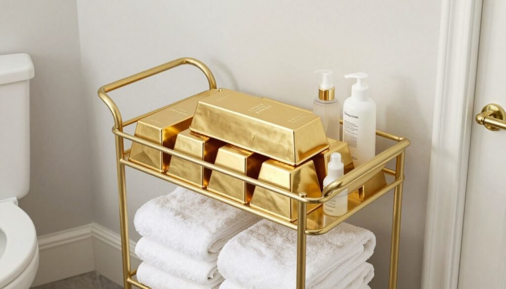 bar cart used as bathroom storage