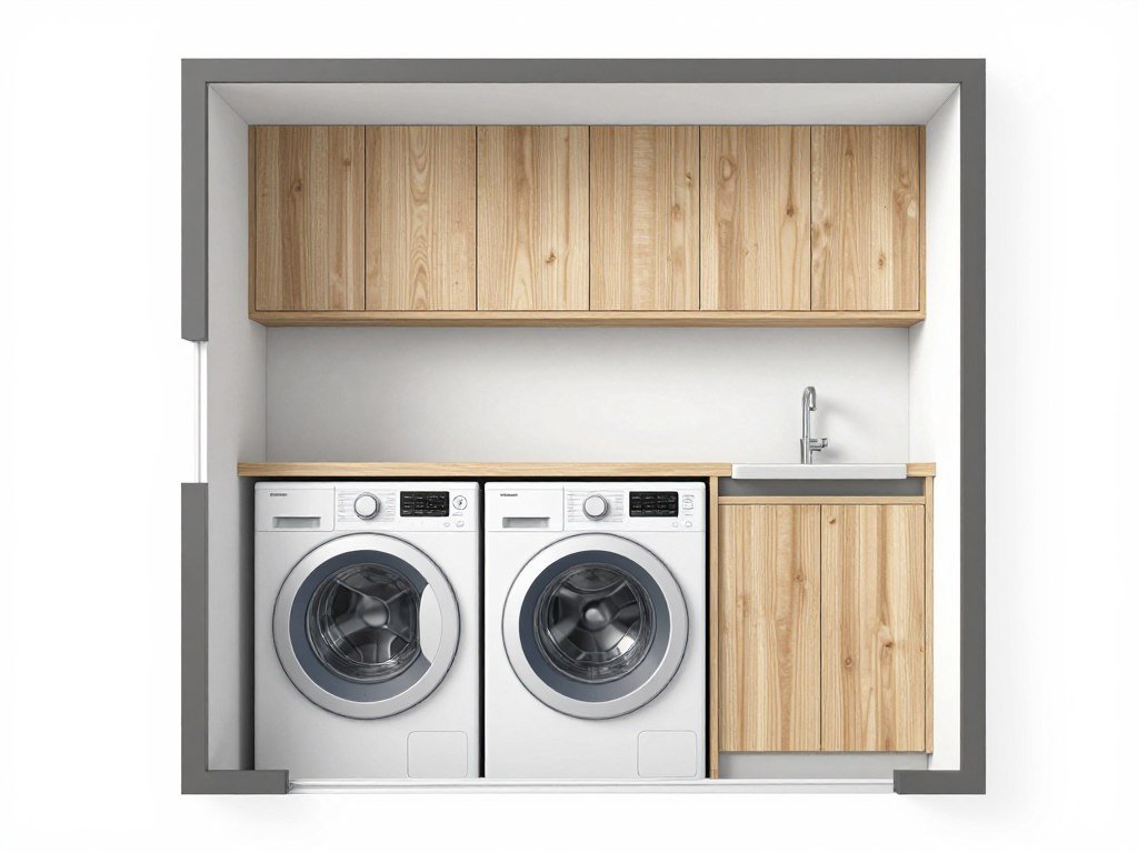 basement laundry room layout with washer dryer and folding station