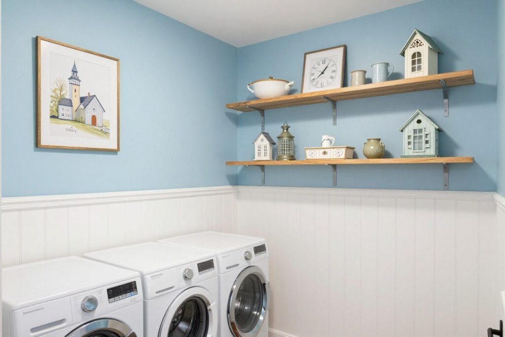 basement laundry room with beadboard wainscoting