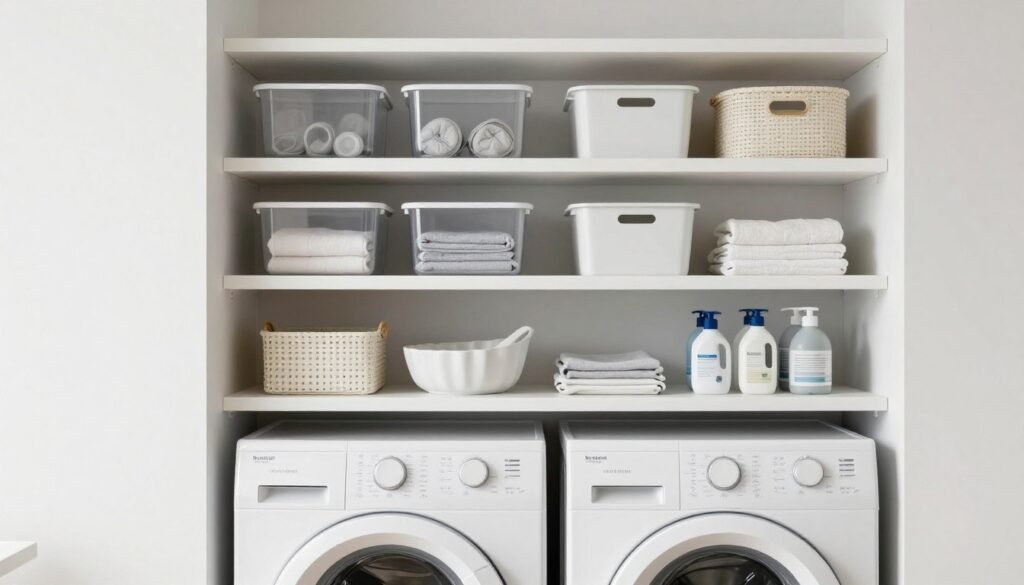 basement laundry room with floating shelves and organization