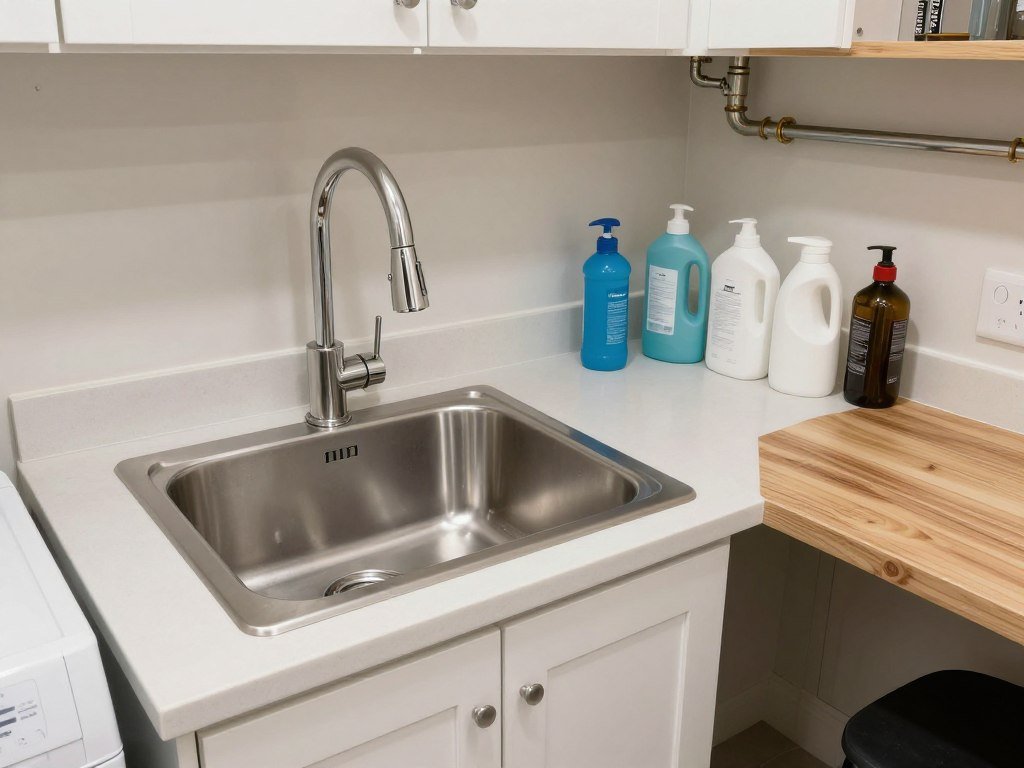 basement laundry room with utility sink installation