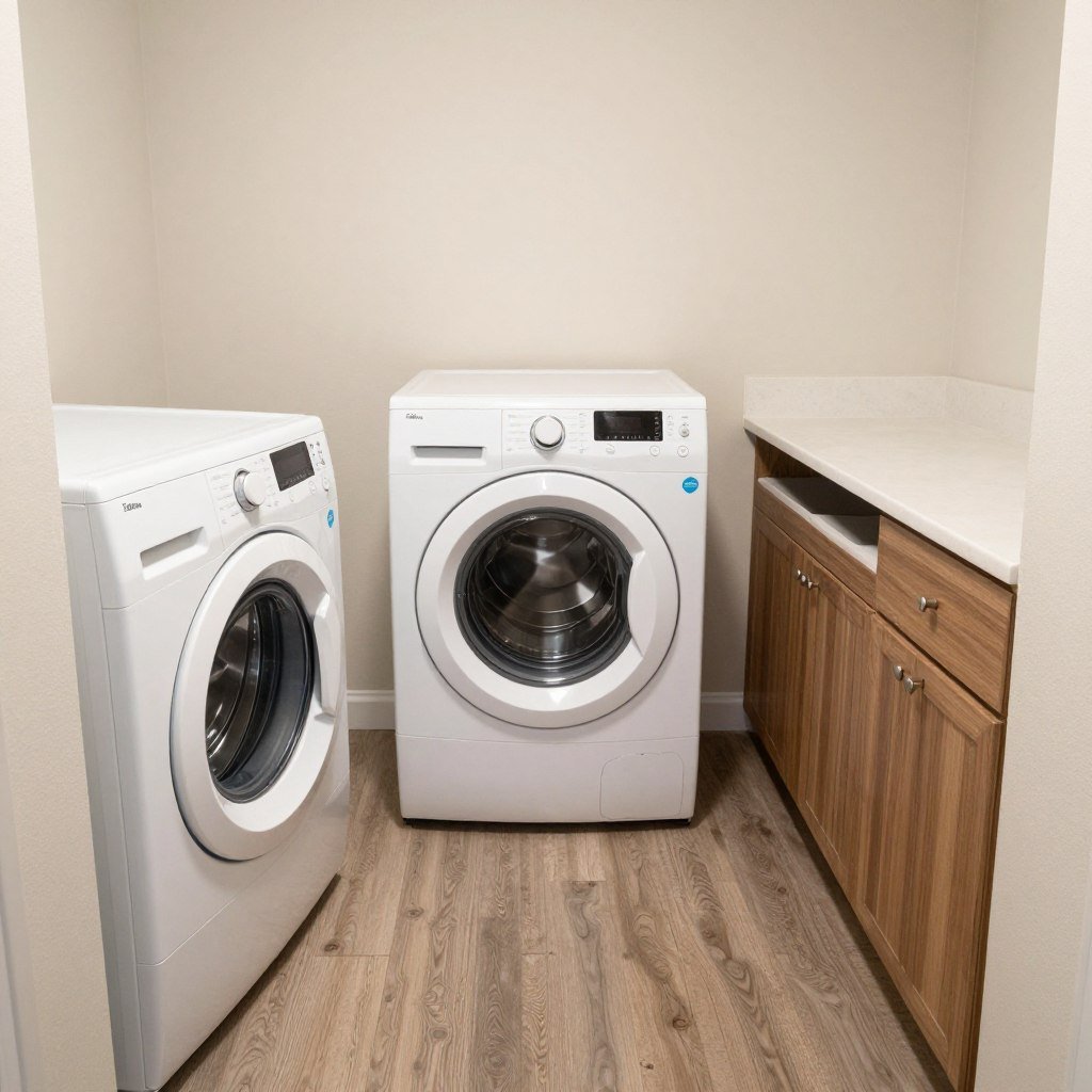 basement laundry work triangle showing efficient appliance placement